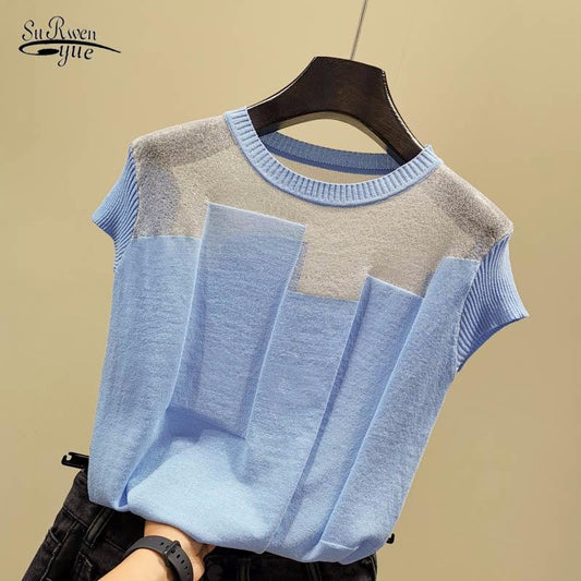 Korean Patchwork Ice Silk Knitted Tops Blusas Mujer De Moda 2020 Women O-neck Short Sleeve Pullover Fashion Thin Blouse 8796