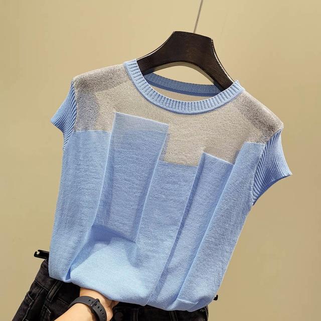 Korean Patchwork Ice Silk Knitted Tops Blusas Mujer De Moda 2020 Women O-neck Short Sleeve Pullover Fashion Thin Blouse 8796