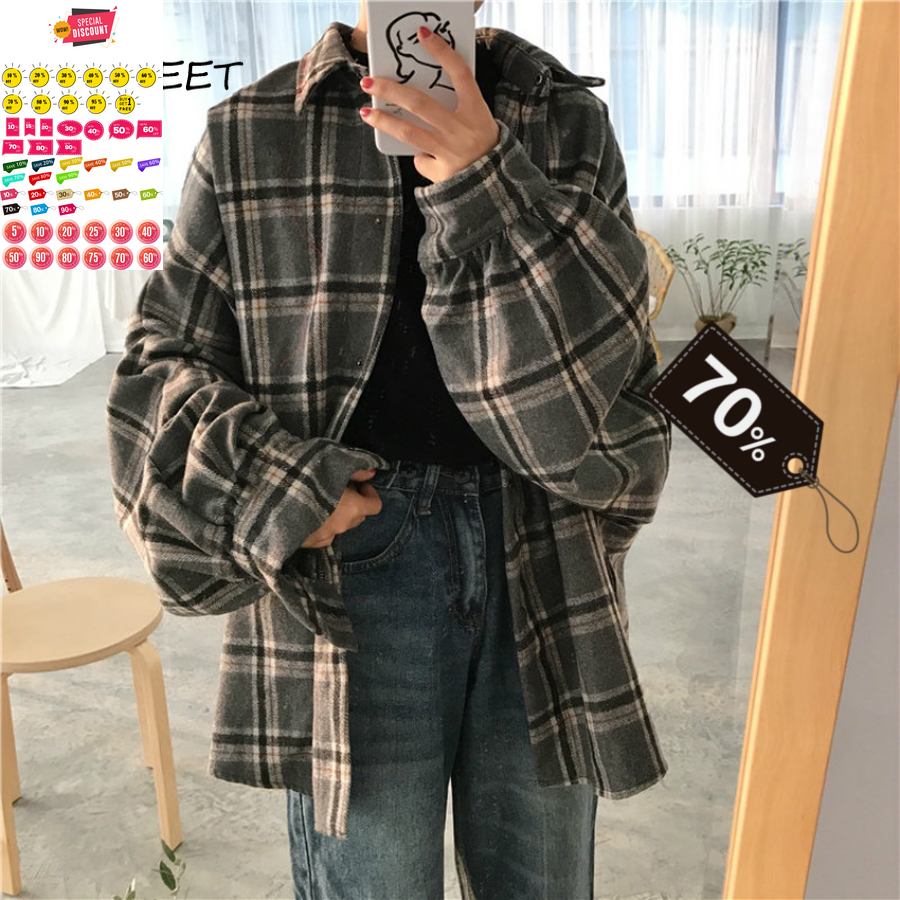 2019 Harajuku Autumn Plaid Thin Section Wool Cardigan Korean Puff Sleeve Slim Warm Shirt Jacket Retro Casual Women Button Top
