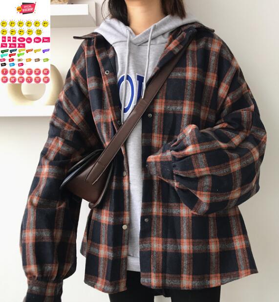 2019 Harajuku Autumn Plaid Thin Section Wool Cardigan Korean Puff Sleeve Slim Warm Shirt Jacket Retro Casual Women Button Top