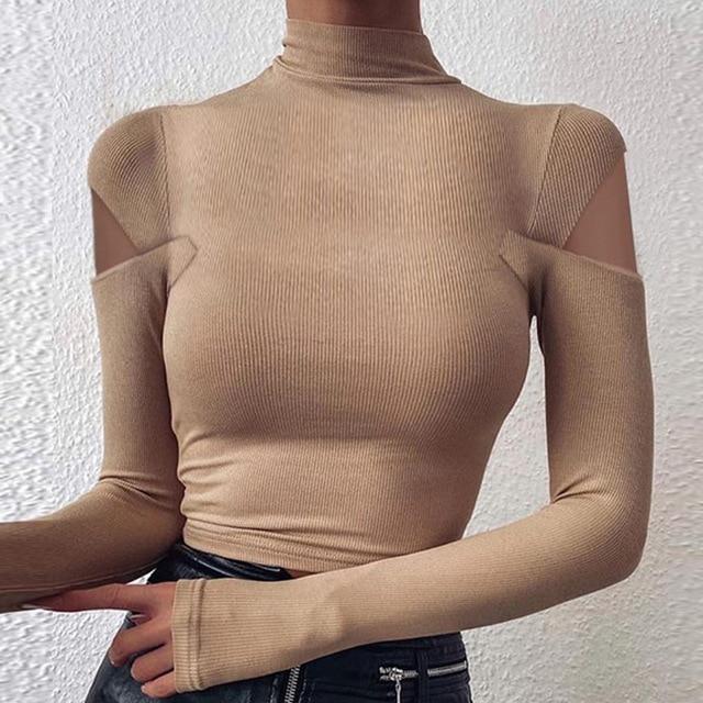Sexy Off Shoulder Cut Off Patchwork Spring Shirts 2020 Women Hollow Out O Neck Elegant Blouse Autumn Long Sleeve Rib Tops Blusas