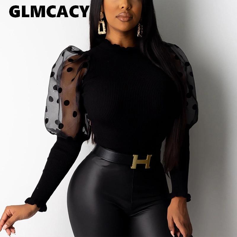 Women Plus Size Dot Printed O-neck Long Sleeve Top Blouse Chic Spring Fall Stretch Slim Fit Shirt