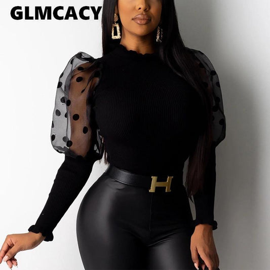 Women Plus Size Dot Printed O-neck Long Sleeve Top Blouse Chic Spring Fall Stretch Slim Fit Shirt