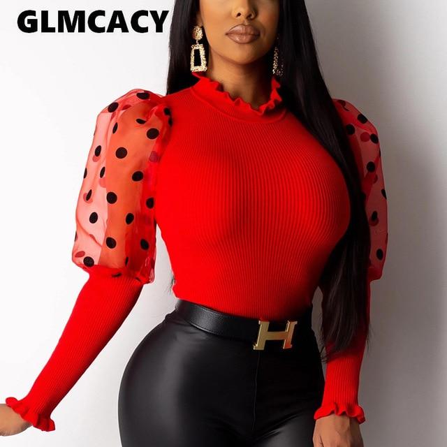 Women Plus Size Dot Printed O-neck Long Sleeve Top Blouse Chic Spring Fall Stretch Slim Fit Shirt