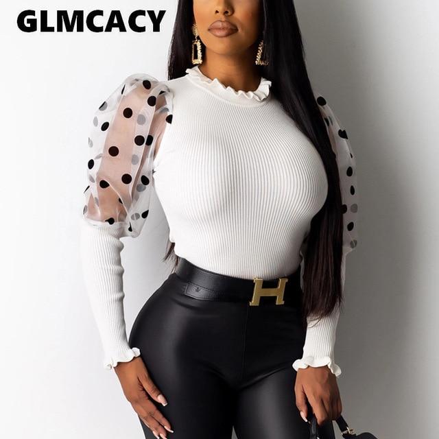 Women Plus Size Dot Printed O-neck Long Sleeve Top Blouse Chic Spring Fall Stretch Slim Fit Shirt