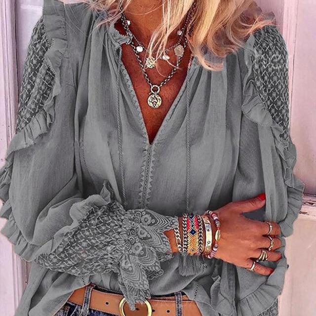 Fashion 2020 Summer Women Shirt Blouse V-neck Lace Hollow Out Top 5XL Embroidery Long Sleeve Casual Fashion Patchwork Shirts New