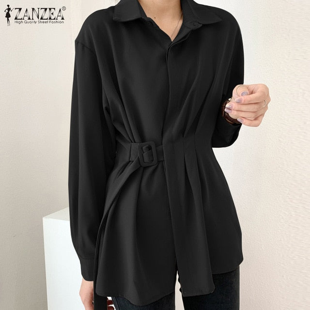 Fashion Women Long Sleeve Blouse ZANZEA Casual Lace Up Shirts Elegant Lapel Neck OL Asymmetric Tops Spring Blusas Femininas 7