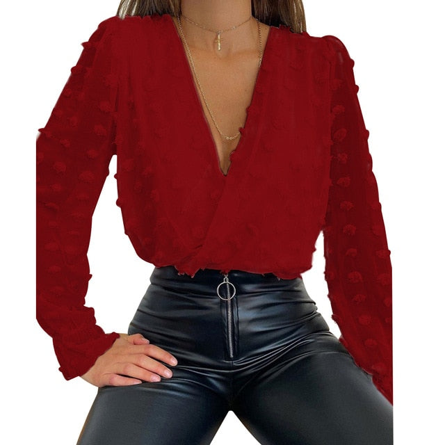 Ladies Sexy Dobby Shirt Women Deep V Neck Top Spring And Autumn Fashion Chic Blusas Solid Color Mesh Blouse Perspective Top D30