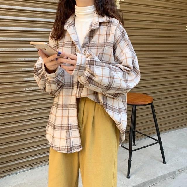 2020 New Fashion Female Casual Women Autumn Women's blouse turned collar shirt, plaid long sleeve loose 4 colors chic new