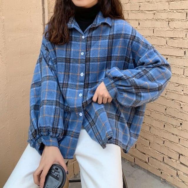 2020 New Fashion Female Casual Women Autumn Women's blouse turned collar shirt, plaid long sleeve loose 4 colors chic new