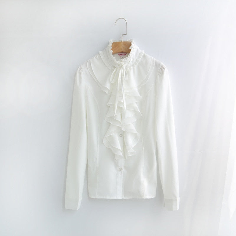 new Blouse Women Lantern Sleeve White Button Necktie Shirts
