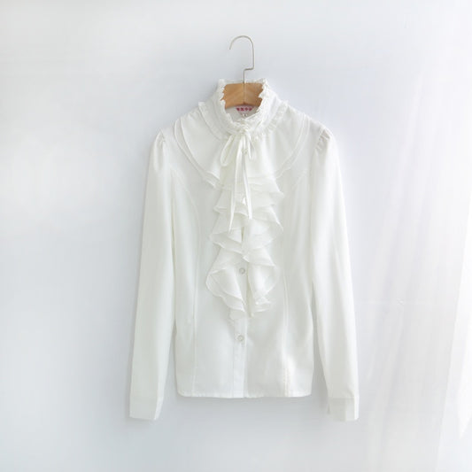 new Blouse Women Lantern Sleeve White Button Necktie Shirts