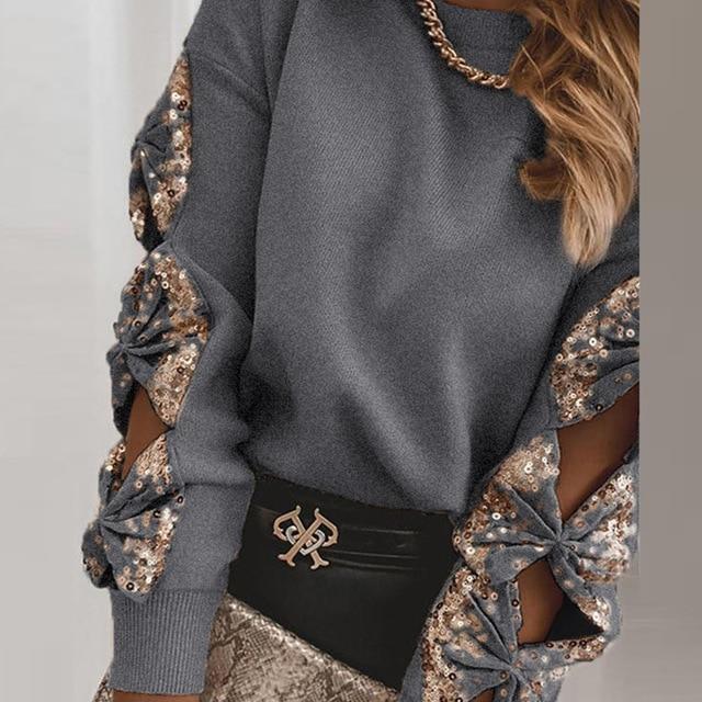 Women Patchwork Sequin Embroidery Lace Blouse Shirt Spring Sexy Hollow Out O Neck Blusas Autumn Casual Long Sleeve Tops Pullover