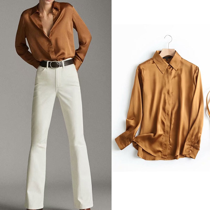 2020 Za Shirt Women Silk Casual Office Wear Blouse Solid Satin Elegant  Womens Tops and Blouses Chic Retro Ropa Mujer