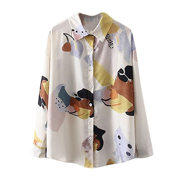Women Retro Sunflower Print Shirt Oil Painting Print Design Blouse Girl Loose Lapel Tops and Blouses 2020 New