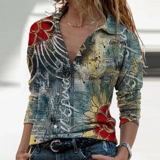 Women Landscape Pattern Print Blouse Shirt Elegant Autumn Turn-Down Collar Pullover Tops Casual Loose Plus Size Streetwear Blusa