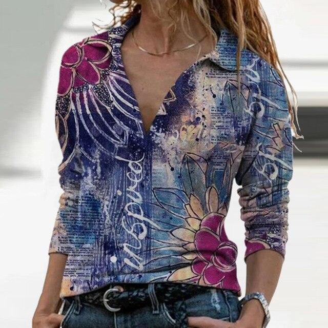 Women Landscape Pattern Print Blouse Shirt Elegant Autumn Turn-Down Collar Pullover Tops Casual Loose Plus Size Streetwear Blusa