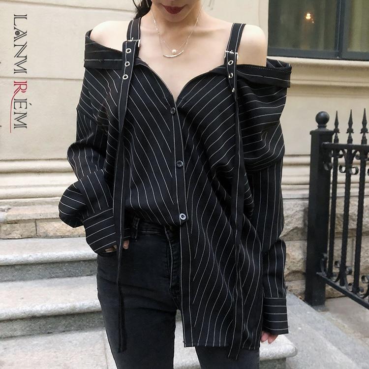 LANMREM 2020 New Fashion Personality Black Strap Vertical Stripe Off-shoulder Long Sleeve Shirt Female's Blouse Vestido YE22801