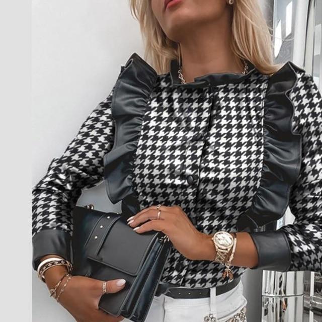 New Elegant PU Leather Black Shirt Blouse Women O-Neck Button Ruffle Shirts Casual Autumn Winter Female Long Sleeve Tops Blusas