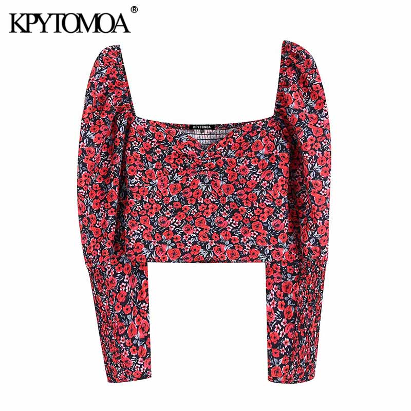 KPYTOMOA Women Fashion Floral Print Cropped Blouses Women Vintage V Neck Long Sleeve Back Elastic Female Shirts Chic Tops