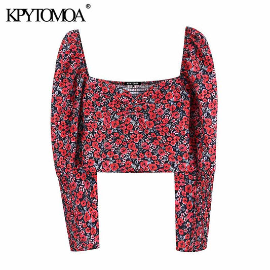 KPYTOMOA Women Fashion Floral Print Cropped Blouses Women Vintage V Neck Long Sleeve Back Elastic Female Shirts Chic Tops