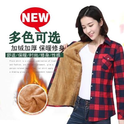 Velvet Winter Blouses Camisa Femininas Long Sleeve Warm Thick Plaid Shirt Women Flannel Coats Shirts Casual Solid Cotton Top