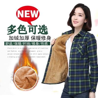Velvet Winter Blouses Camisa Femininas Long Sleeve Warm Thick Plaid Shirt Women Flannel Coats Shirts Casual Solid Cotton Top