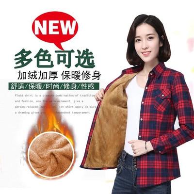 Velvet Winter Blouses Camisa Femininas Long Sleeve Warm Thick Plaid Shirt Women Flannel Coats Shirts Casual Solid Cotton Top