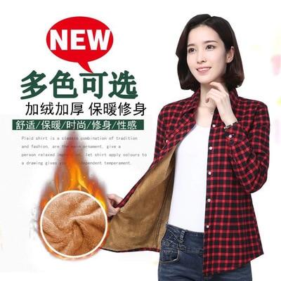 Velvet Winter Blouses Camisa Femininas Long Sleeve Warm Thick Plaid Shirt Women Flannel Coats Shirts Casual Solid Cotton Top