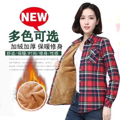 Velvet Winter Blouses Camisa Femininas Long Sleeve Warm Thick Plaid Shirt Women Flannel Coats Shirts Casual Solid Cotton Top