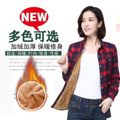 Velvet Winter Blouses Camisa Femininas Long Sleeve Warm Thick Plaid Shirt Women Flannel Coats Shirts Casual Solid Cotton Top