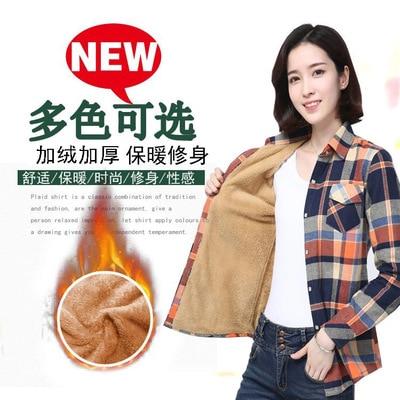 Velvet Winter Blouses Camisa Femininas Long Sleeve Warm Thick Plaid Shirt Women Flannel Coats Shirts Casual Solid Cotton Top