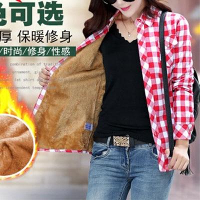 Velvet Winter Blouses Camisa Femininas Long Sleeve Warm Thick Plaid Shirt Women Flannel Coats Shirts Casual Solid Cotton Top