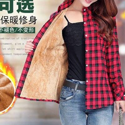 Velvet Winter Blouses Camisa Femininas Long Sleeve Warm Thick Plaid Shirt Women Flannel Coats Shirts Casual Solid Cotton Top