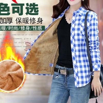 Velvet Winter Blouses Camisa Femininas Long Sleeve Warm Thick Plaid Shirt Women Flannel Coats Shirts Casual Solid Cotton Top