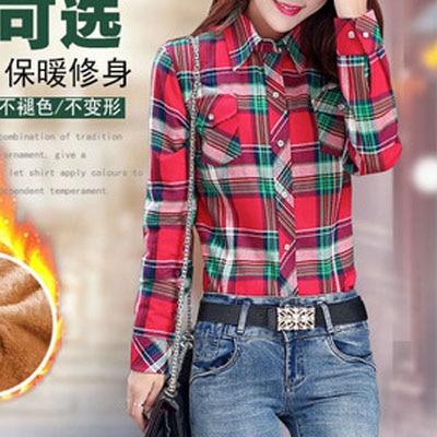 Velvet Winter Blouses Camisa Femininas Long Sleeve Warm Thick Plaid Shirt Women Flannel Coats Shirts Casual Solid Cotton Top