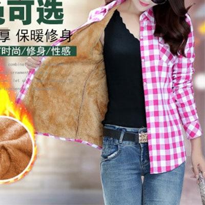 Velvet Winter Blouses Camisa Femininas Long Sleeve Warm Thick Plaid Shirt Women Flannel Coats Shirts Casual Solid Cotton Top