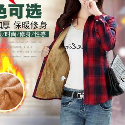 Velvet Winter Blouses Camisa Femininas Long Sleeve Warm Thick Plaid Shirt Women Flannel Coats Shirts Casual Solid Cotton Top