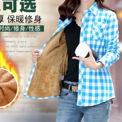 Velvet Winter Blouses Camisa Femininas Long Sleeve Warm Thick Plaid Shirt Women Flannel Coats Shirts Casual Solid Cotton Top