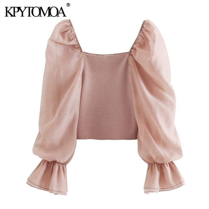 KPYTOMOA Women 2020 Sweet Fashion Patchwork Organza Knitted Blouses Vintage See Through Sleeve Stretch Female Shirts Chic Tops