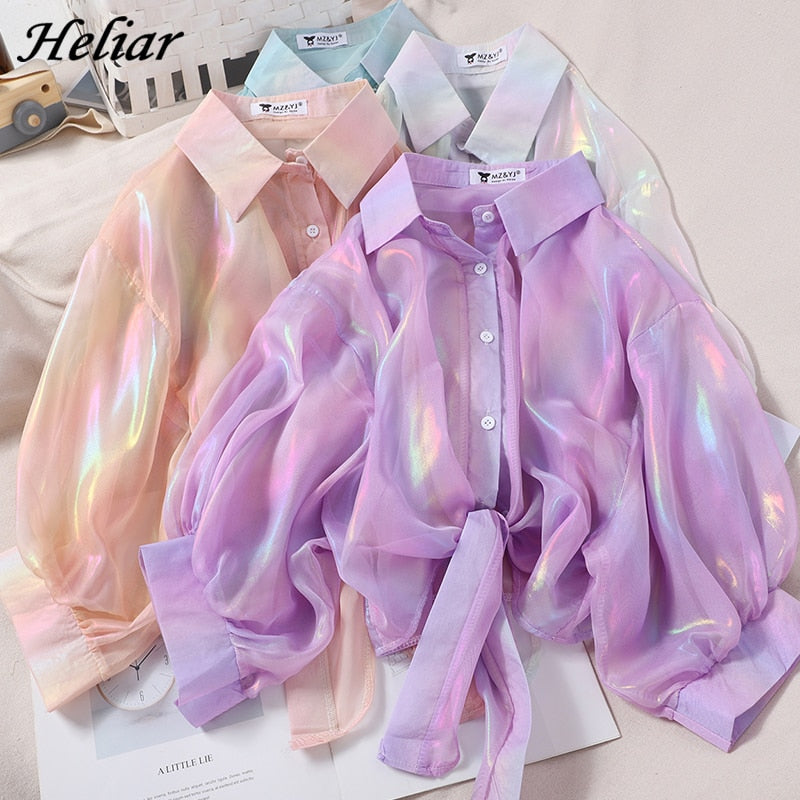 HELIAR Spring Women Shining Sparkles Shirts Long Sleeve Button Up Chiffon Shirts Transparent Sexy Blouses For Women Club Cloth