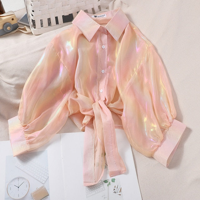 HELIAR Spring Women Shining Sparkles Shirts Long Sleeve Button Up Chiffon Shirts Transparent Sexy Blouses For Women Club Cloth