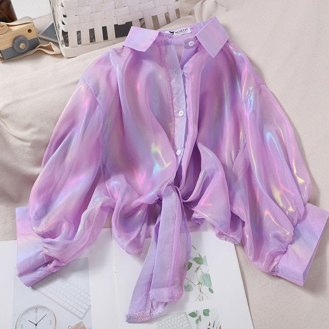 HELIAR Spring Women Shining Sparkles Shirts Long Sleeve Button Up Chiffon Shirts Transparent Sexy Blouses For Women Club Cloth
