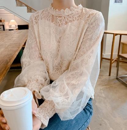 New Women Mesh Sheer Blouse See-through Lantern Long Sleeve Blouse Fashion Button Transparent White Shirt Female Blusas