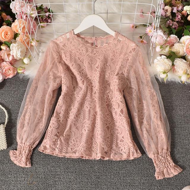 New Women Mesh Sheer Blouse See-through Lantern Long Sleeve Blouse Fashion Button Transparent White Shirt Female Blusas