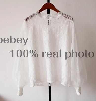 New Women Mesh Sheer Blouse See-through Lantern Long Sleeve Blouse Fashion Button Transparent White Shirt Female Blusas