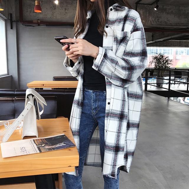 2020 New Korean Style Spring Plaid Mid-Length Shirt Women's plus Size BF Retro  Loose Thin Coat  size