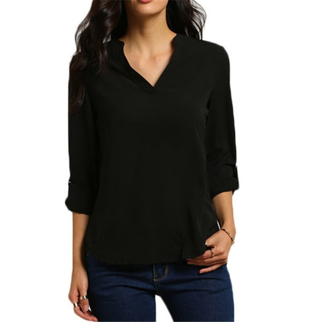 Autumn Women V-neck Chiffon Blouse 3/4 Sleeve Female Solid Casual Shirt Large Size Feminina Camisas Blusas Plus Size