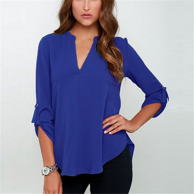 Autumn Women V-neck Chiffon Blouse 3/4 Sleeve Female Solid Casual Shirt Large Size Feminina Camisas Blusas Plus Size