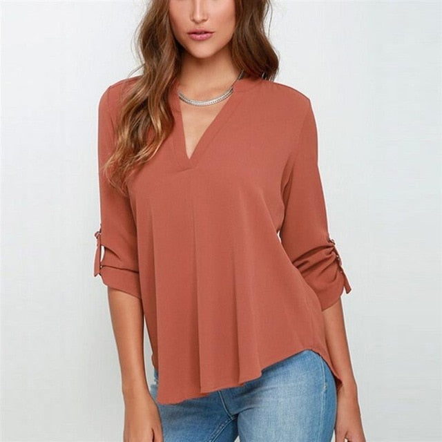 Autumn Women V-neck Chiffon Blouse 3/4 Sleeve Female Solid Casual Shirt Large Size Feminina Camisas Blusas Plus Size